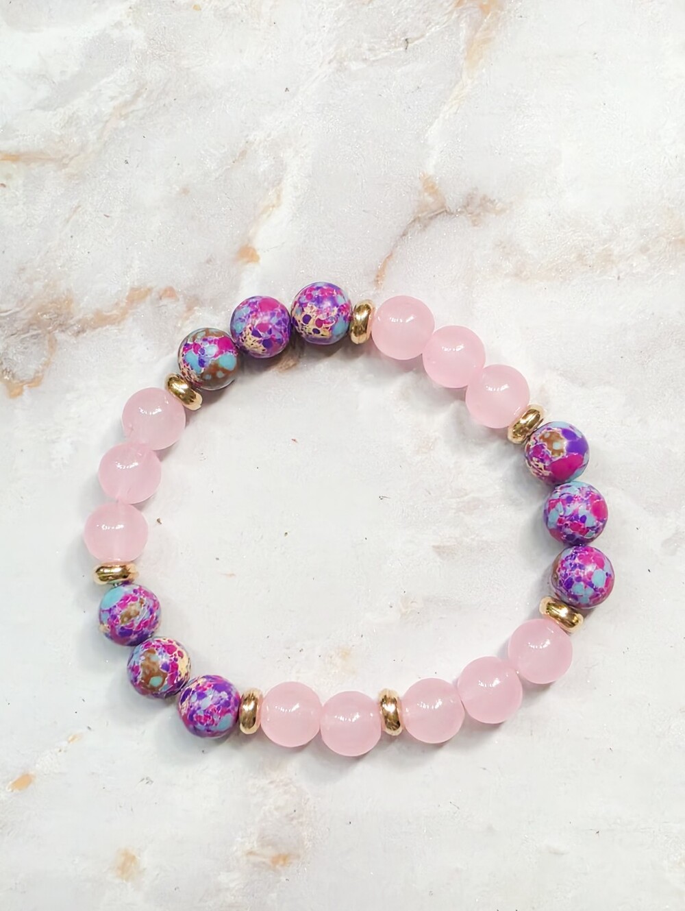 Colorful Imperial Jasper & Rose Quartz Beaded Bracelet Love & Friendship